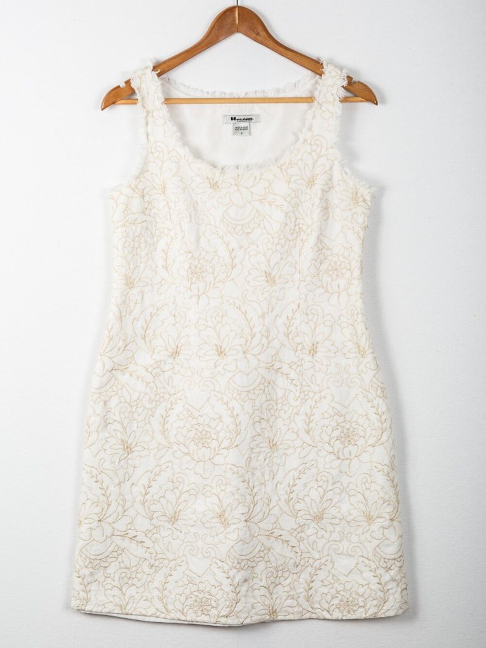 Nygard Collection Embroidered Floral Ramie Cotton Midi Dress Beige Gold 6